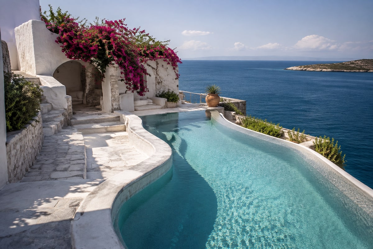 A sunlit Mediterranean hotel pool overlooking the sea