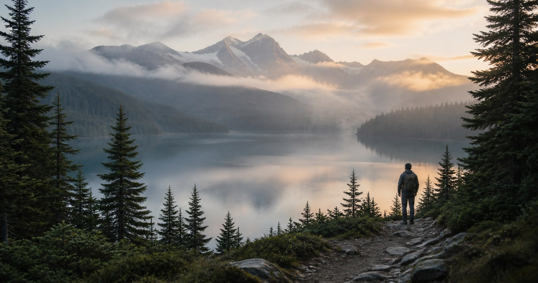 A hiker looking over a quiet alpine lake surrounded by pine forest at sunrise